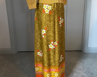 Vintage 1960s Alex Coleman Floral Boho Maxi Skirt | Gold and Orange Long Skirt | Vintage Maxi Skirt Size Small to Small/Medium