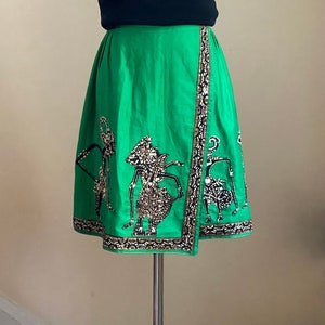 Batik Cotton Wrap Around Skirt Size Small |  Boho Ethnic Green Wrap Around Skirt with Batik Pattern