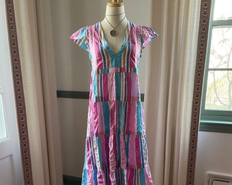 LemLem Seersucker Deep-V Stripe Sundress | Short Sleeve Blue and Pink Summer Dress Size Small |Boho Stripe Dress