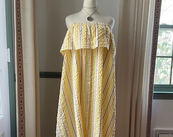 LemLem Yellow Seersucker Striped Strapless Maxi Boho Dress Tiered Small