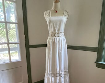 Vintage White Maxi Dress Square Neck with Guipure Lace | Bohemian White Lace Maxi Dress Size Medium | Romantic White Long Dress