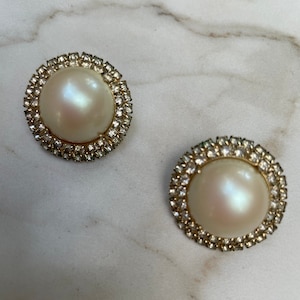 Vintage Faux Pearl and Crystal Clip-On Earrings | Vintage Faux Pearl Cabochon Clip On Earrings