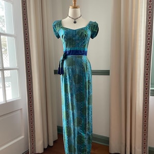 Vintage 1960&#39;s Nani of Hawaii Cotton Maxi Dress | Polynesian Print Maxi Dress | Hawaiian Blue and Green Maxi Dress | Hawaiian Maxi Dress XS