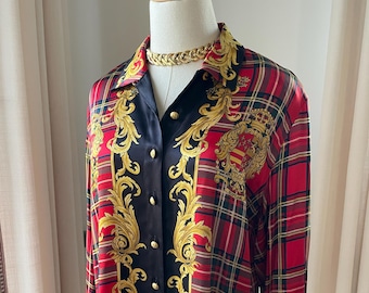 Vintage Escada Scotland Balmoral Silk Blouse | 1980&#39;s Red Plaid Horse Theme Silk Blouse Size 40 | Designer Equestrian Horse Print Blouse