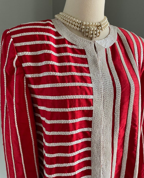 Red Evening Jacket with White Beading | Vintage R… - image 4