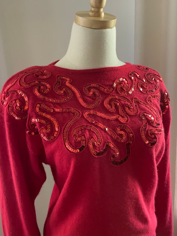 1980s Red Sequin Lambswool Long Sleeve Sweater Ma… - image 3