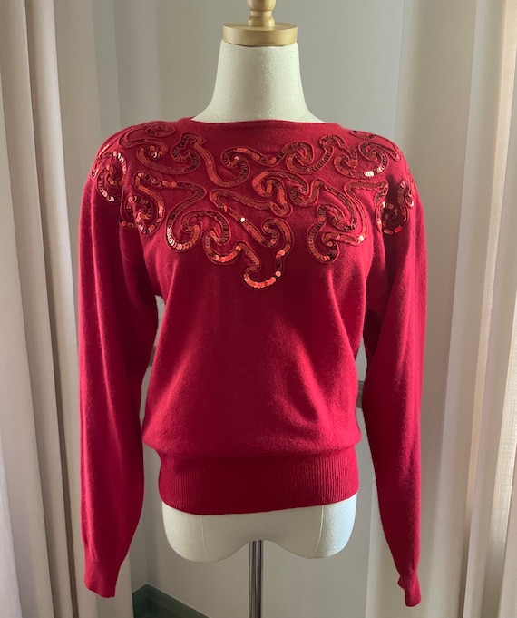 1980s Red Sequin Lambswool Long Sleeve Sweater Ma… - image 2