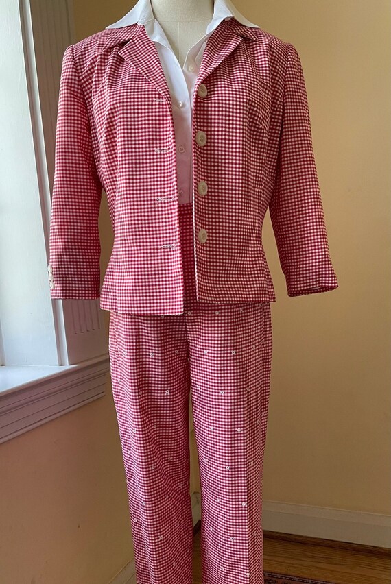 Renee DuMarr Red and White Checked Pant Suit