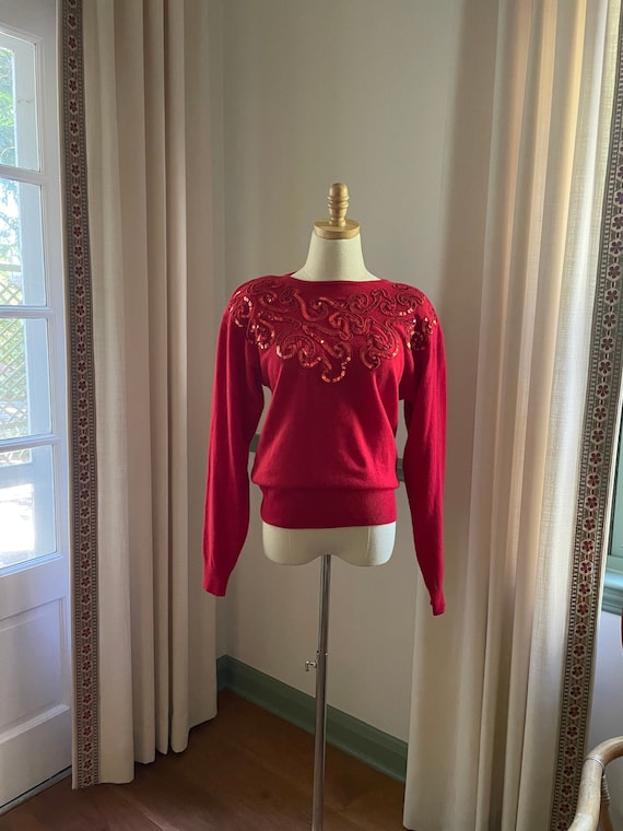 1980s Red Sequin Lambswool Long Sleeve Sweater Ma… - image 1