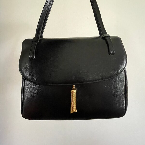 1950s Bienen-Davis Mini Tote Leather Black Bag | Vintage Black Leather Handbag with Gold Tassel Pull Closure | Minimalist Black Mini Tote