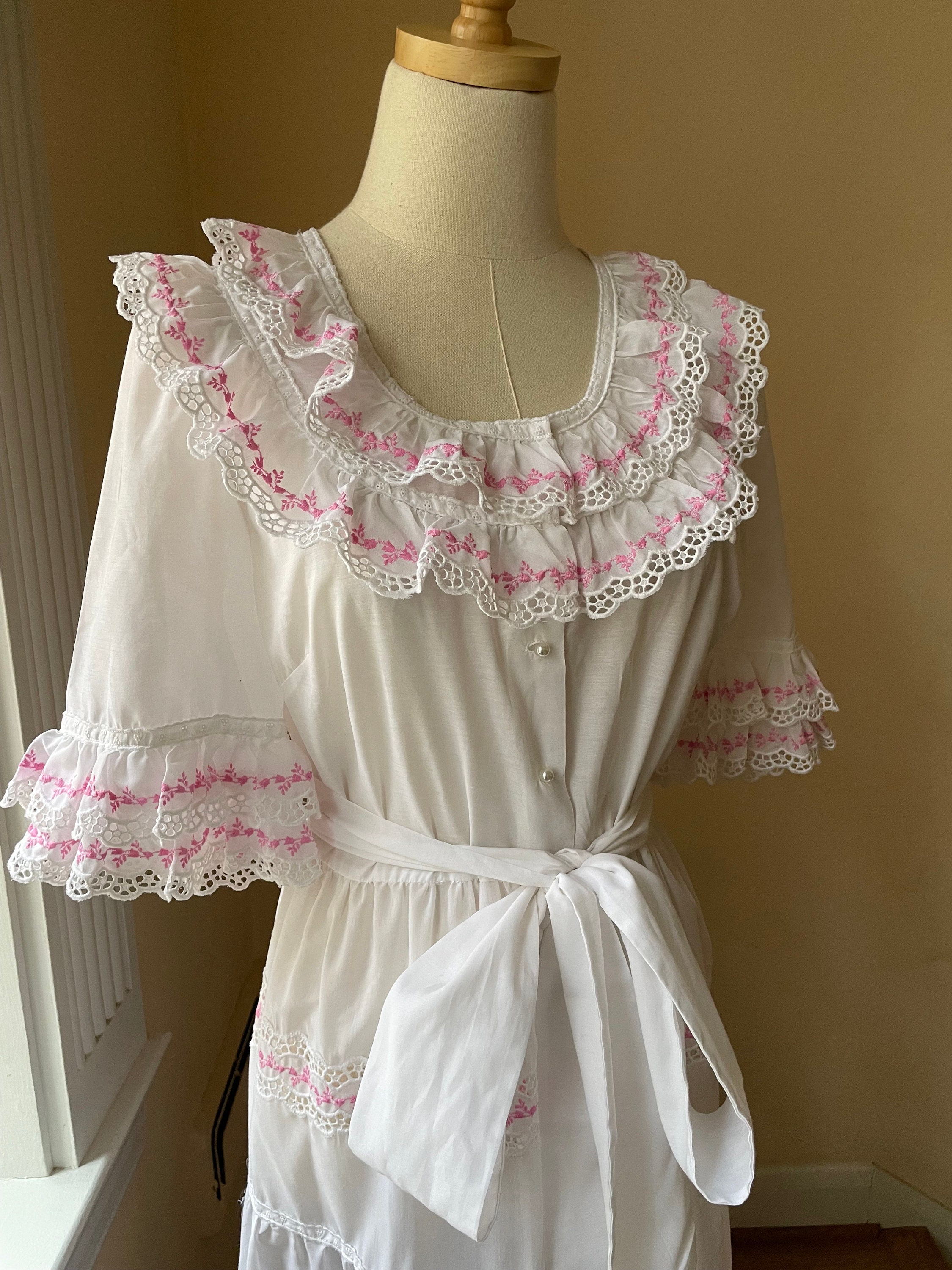1970s White Eyelet and Pink Embroidery House Dress or Robe | Vintage ...