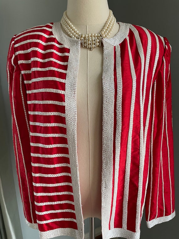 Red Evening Jacket with White Beading | Vintage R… - image 2