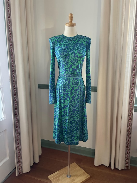 1970s' Averardo Bessi Green and Blue Floral Silk Dress Vintage