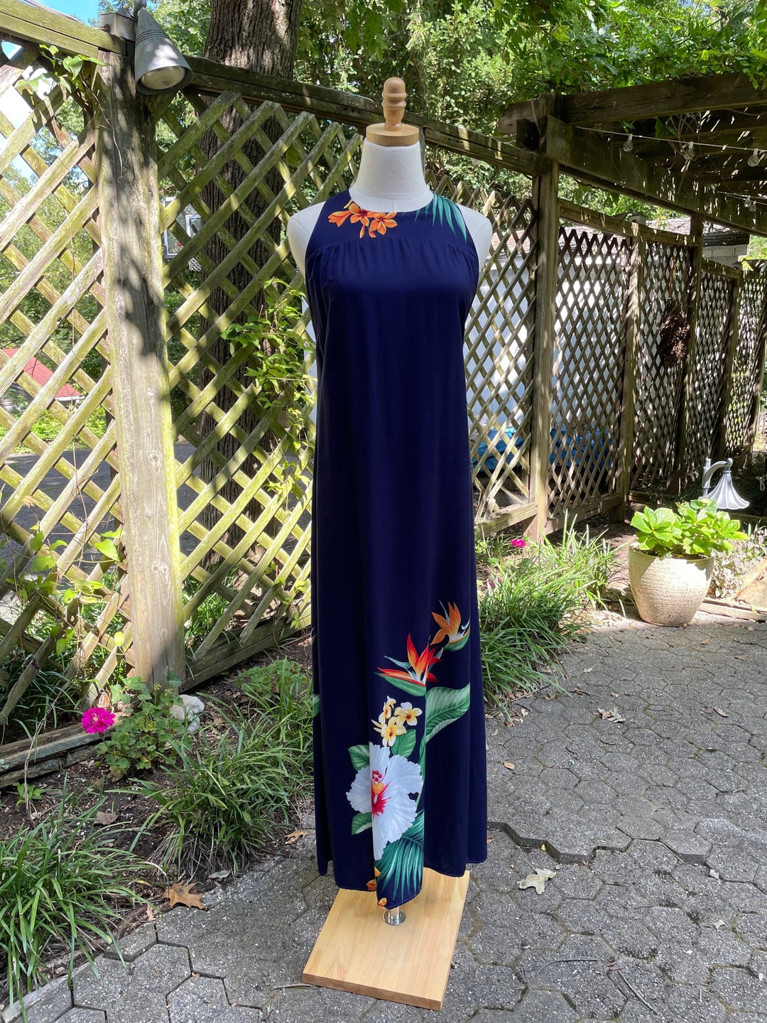 Blue Leaves Print Maxi Halter Dress