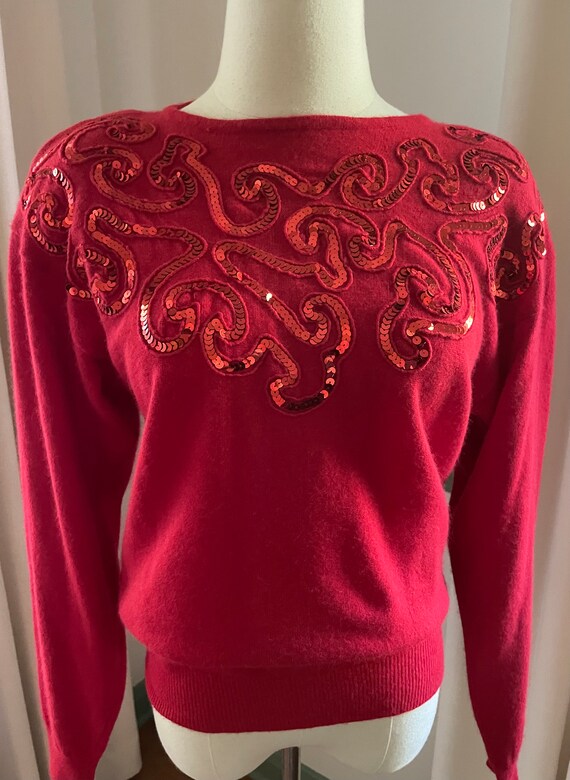 1980s Red Sequin Lambswool Long Sleeve Sweater Ma… - image 4