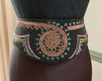 Vintage Black Red and Gold Seed Beaded Belt by La Regale | Adjustable | Dressy Formal Beaded Belt
