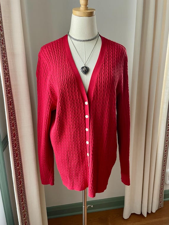 Vintage 1990s Ralph Lauren Red Cotton Cable Knit Cardigan Size 14W
