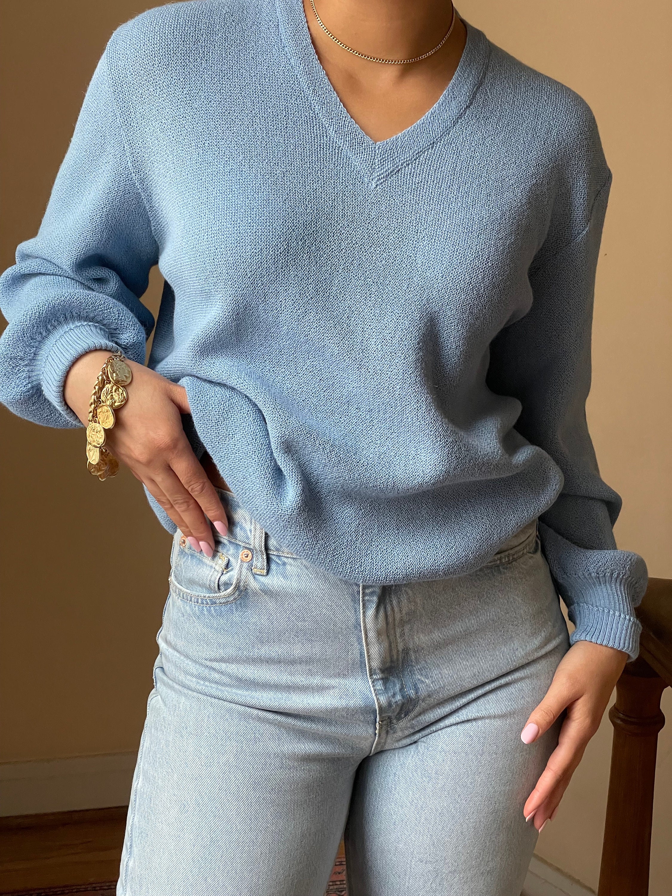 Austria Baby Blue Alpaca V-neck Sweater 
