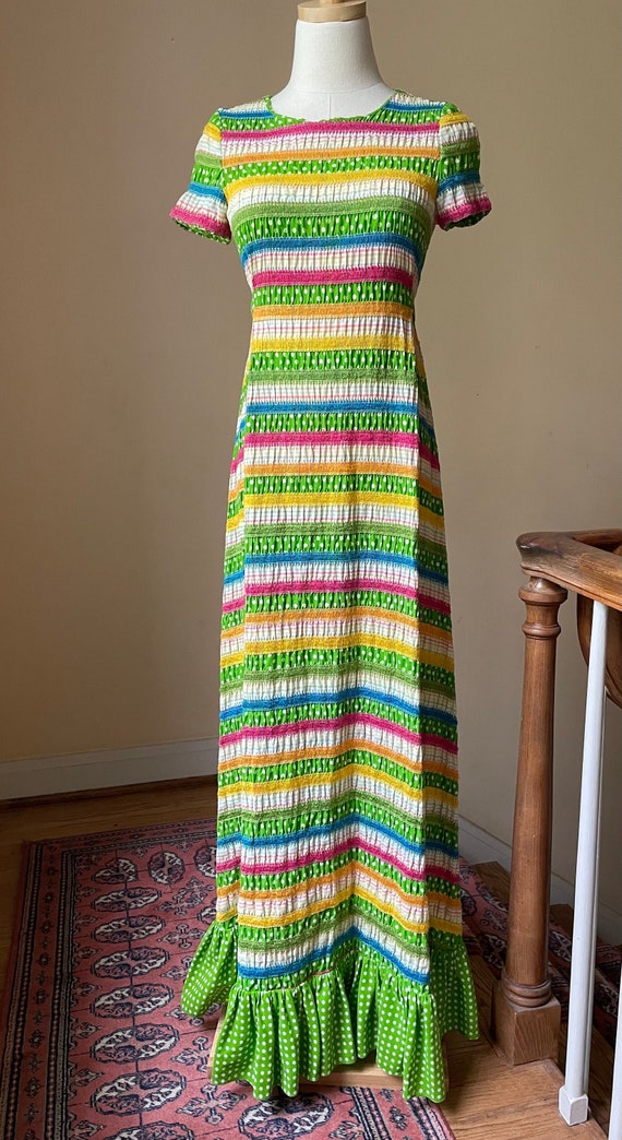 1970s Albert Nipon Polka Dot and Ruffle Hem Maxi … - image 1