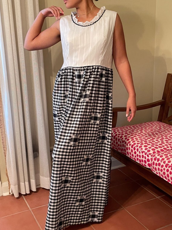Vintage 1970s Black and White Checked Maxi Dress … - image 1