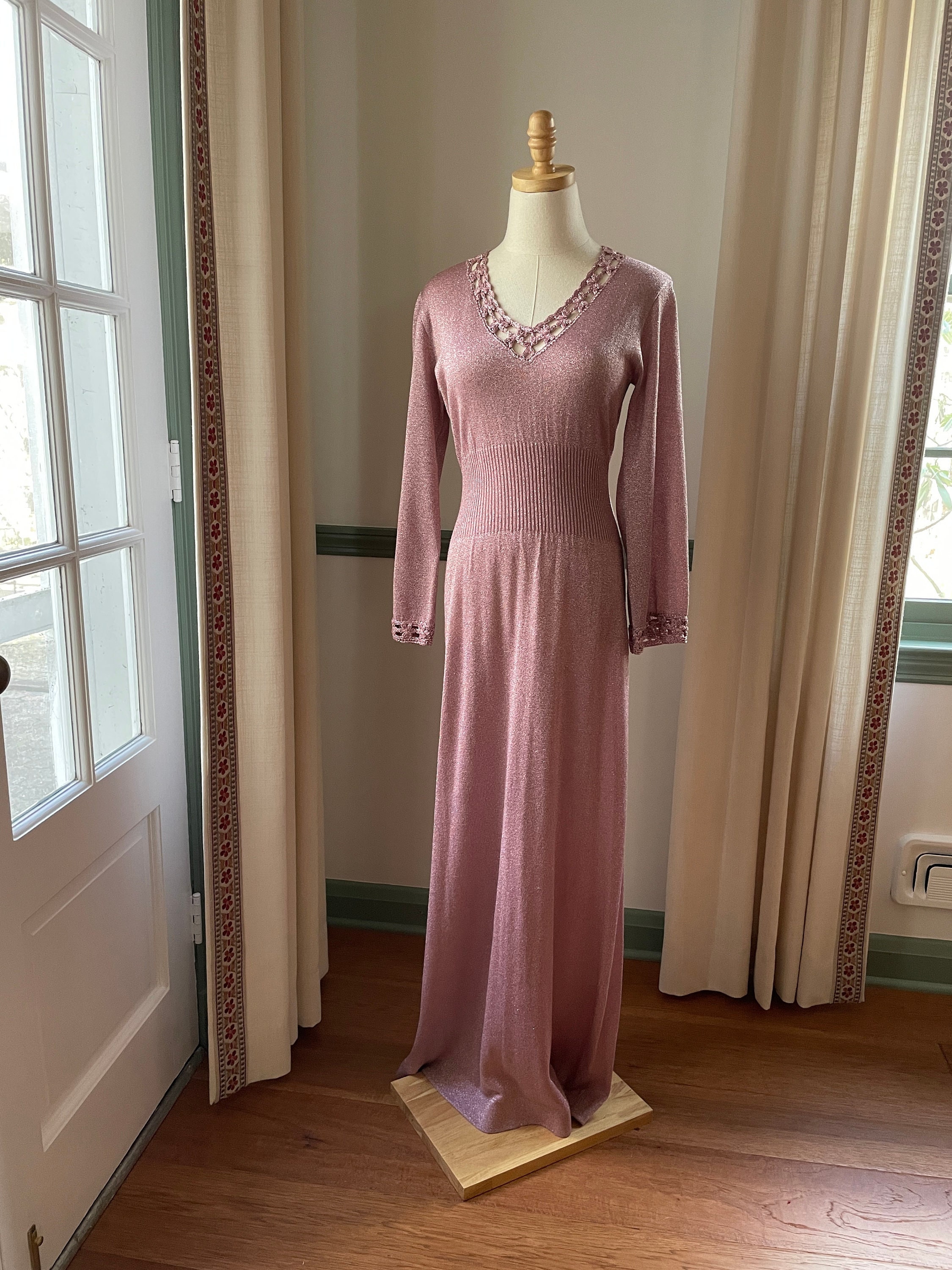 Buy Vintage Pink Metallic Long Sleeve Maxi or Long Dress  