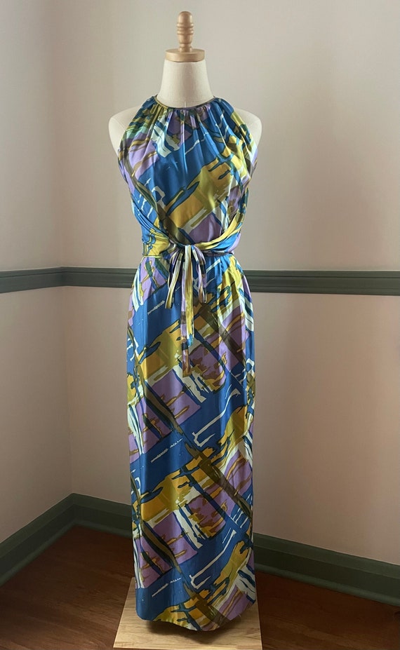 1960s Abstract Print Halter Style Maxi Dress | Vi… - image 2