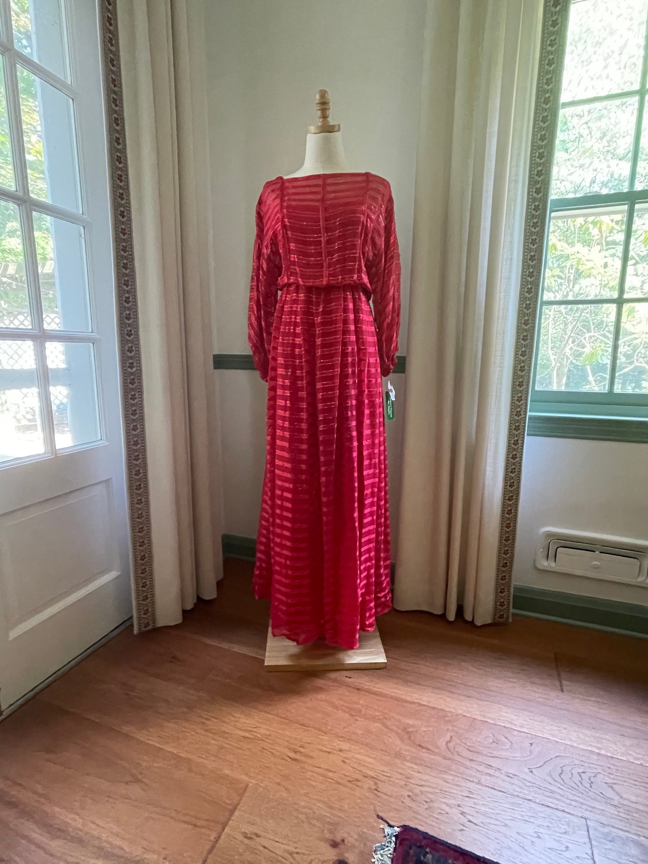 Stunning 1960's Red & Gold Silk Evening Gown By Albert Nipon By Night | Vintage Red and Metallic Gold Thread Long Dress Size Small to Medium