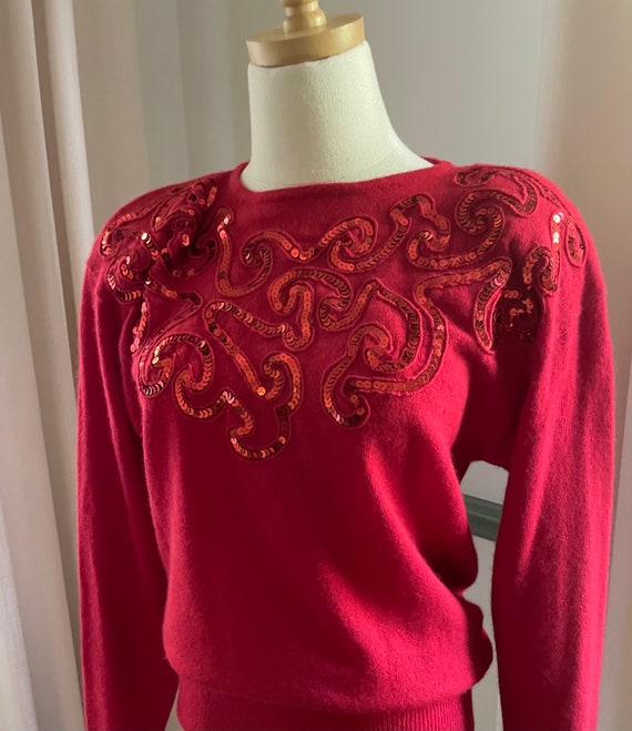 1980s Red Sequin Lambswool Long Sleeve Sweater Ma… - image 6