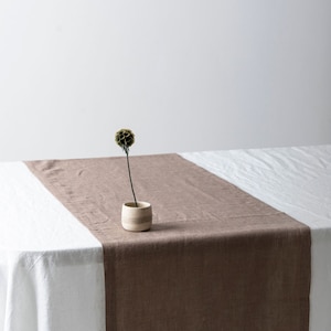 Linen table runner brown colour. Stonewashed table runner earth tones. Modern linen tableware in cappuccino colour. Pure linen table runner.