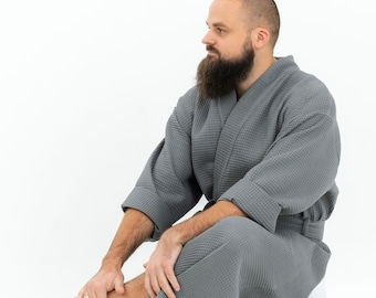 Peignoir gaufré / Peignoir de luxe en coton gaufré pour homme / Peignoir kimono en coton / Peignoirs pour homme / Peignoir de bain et de sauna / Cadeau pour lui / Peignoir gris