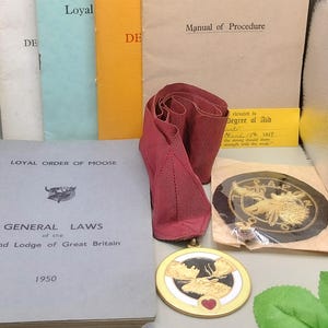 Loyal Order of Moose 1950s Set, includes medal on ribbon, patch, badge & 5 manuals