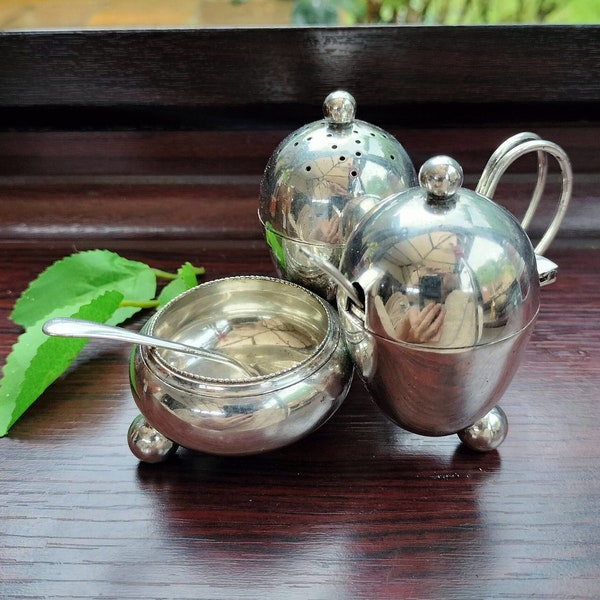 Antique Cruet Set, 3 silver-plated pieces including pepper shaker, salt & mustard pot