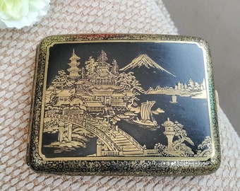 Japanese Cigarette Case, damascene cover with Mount Fuji and city by the water