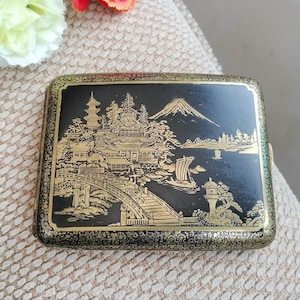 Japanese Cigarette Case, damascene lid with Mount Fuji, vintage tobacciana