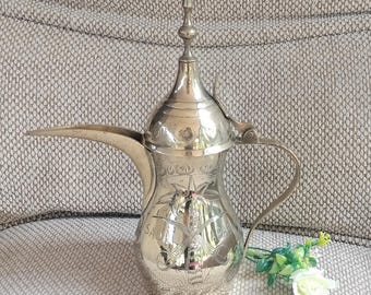 Arabian Brass Coffee Pot, etched flowers & palm trees, dallah from Saudi Arabia