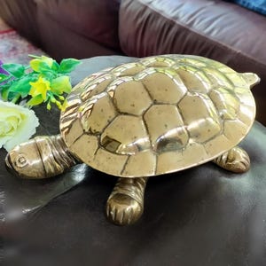 May include: A brass turtle ornament with a detailed shell and legs. The turtle is a decorative item, suitable for a home or office. The brass has a polished finish, reflecting light.