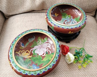 Pair of Cloisonne Tazza Bowls & stands, vintage oriental decor, brick red floral