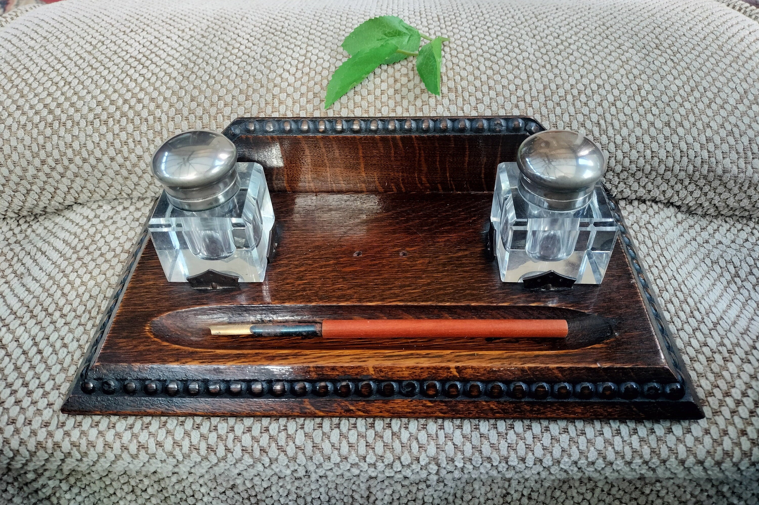 Owl Glass Inkwell with Pewter Cap & Pen Rest - Black Writing Ink