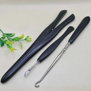 Ebony Dressing Table Set, wooden glove stretcher, buttonhook & manicure tool