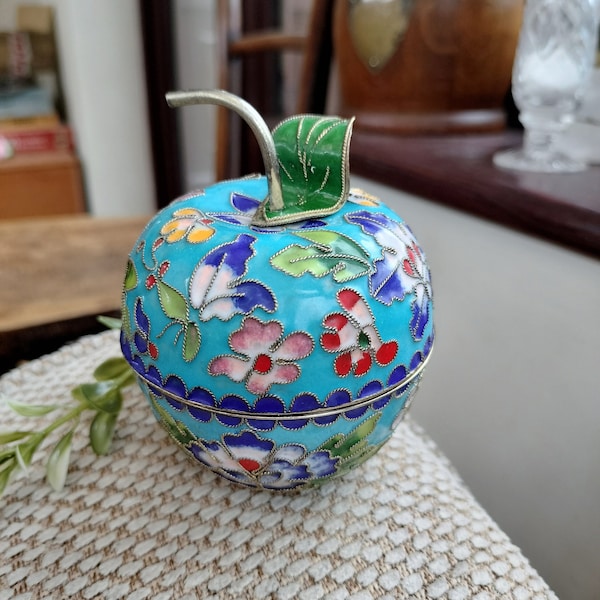 Cloisonné Apple Trinket Box, floral pattern, turquoise blue with metal leaf and stem