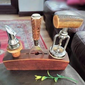 Stag Antler Bar Set - corkscrew & spout with faux horn bottle opener, wood stand