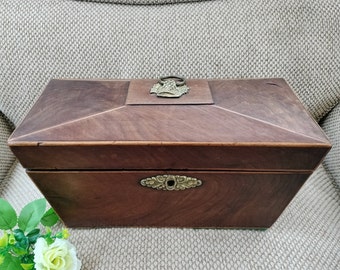Antique Tea Caddy, Victorian Sarcophagus Tea Box, red leather lining, original bowl