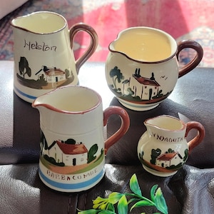 Set of 4 Ceramic Milk Jugs, vintage Devon motto ware, made in Torquay, England