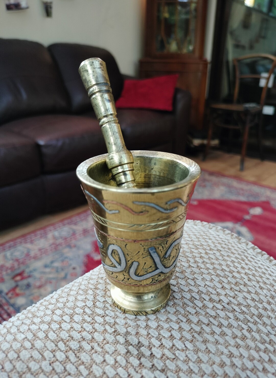Inlaid Brass Mortar & Pestle, Beautiful Copper and Silver Detail
