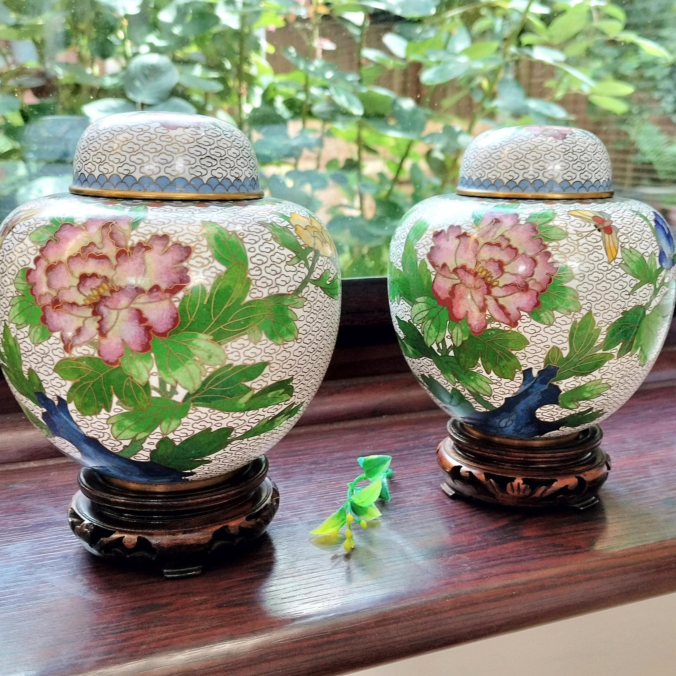 PAIR of Cloisonne Ginger Jars with stands, vintage oriental decor, white floral
