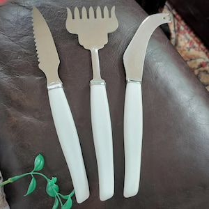English Sardine Fork & Cheese Cutlery, 3 piece vintage set, white plastic handle