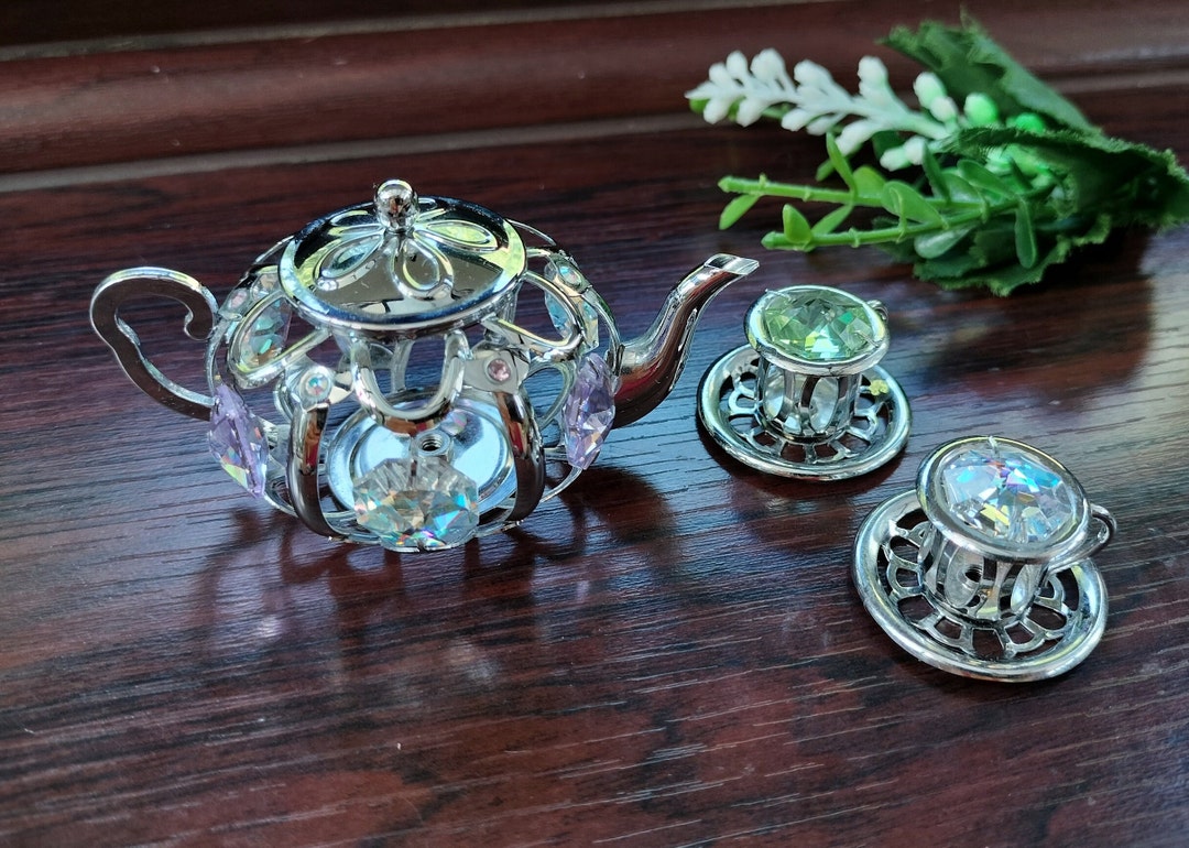 Small Sparkly Teapot With 2 Matching Cups Bohemian Crystals Etsy