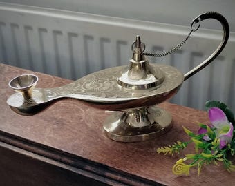 10" Brass Aladdin Style Oil Lamp, etched flower design, polished finish with cap