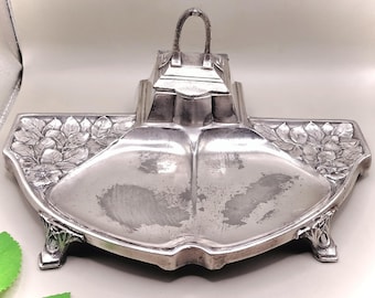 Antique Pewter Inkstand, jugendstil inkwell, art nouveau desk accessory