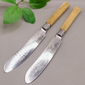 Antique cutlery pair, etched fish design with celluloid handles, made in England